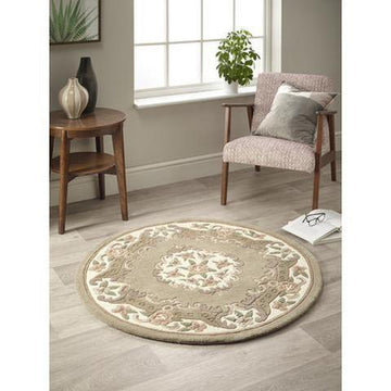 Shensi Traditional Floral Aubusson Medallion Border French-Style Hand-Carved Hi-Low Textured Soft Durable Wool Beige/Brown Round Rug-Origins-Rug Love - The Most Loved Rug Store